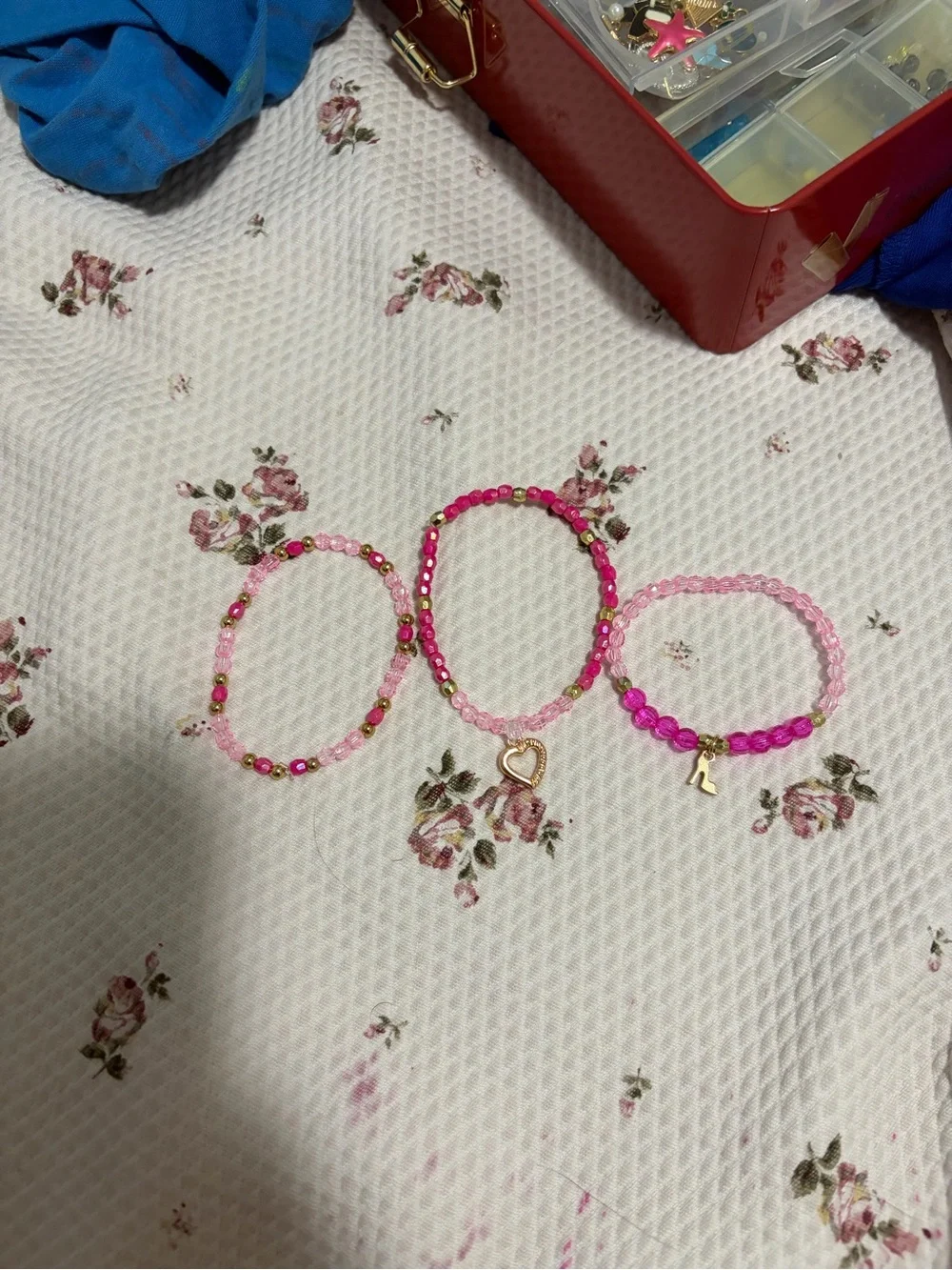 Barbie Pink Beaded Bracelet Trio with Heart & Initial Charms